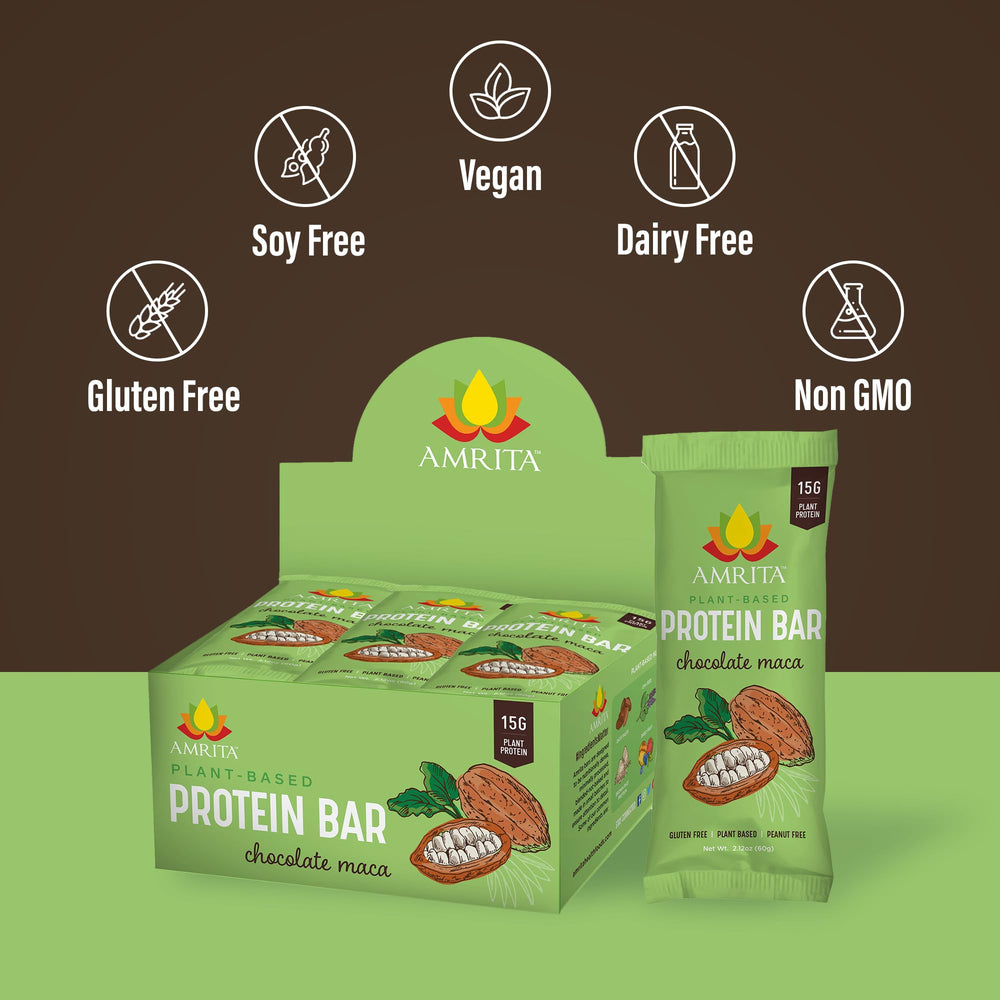 Amrita Nut Free Chocolate Maca Bar ingredients layout with dates and seeds.