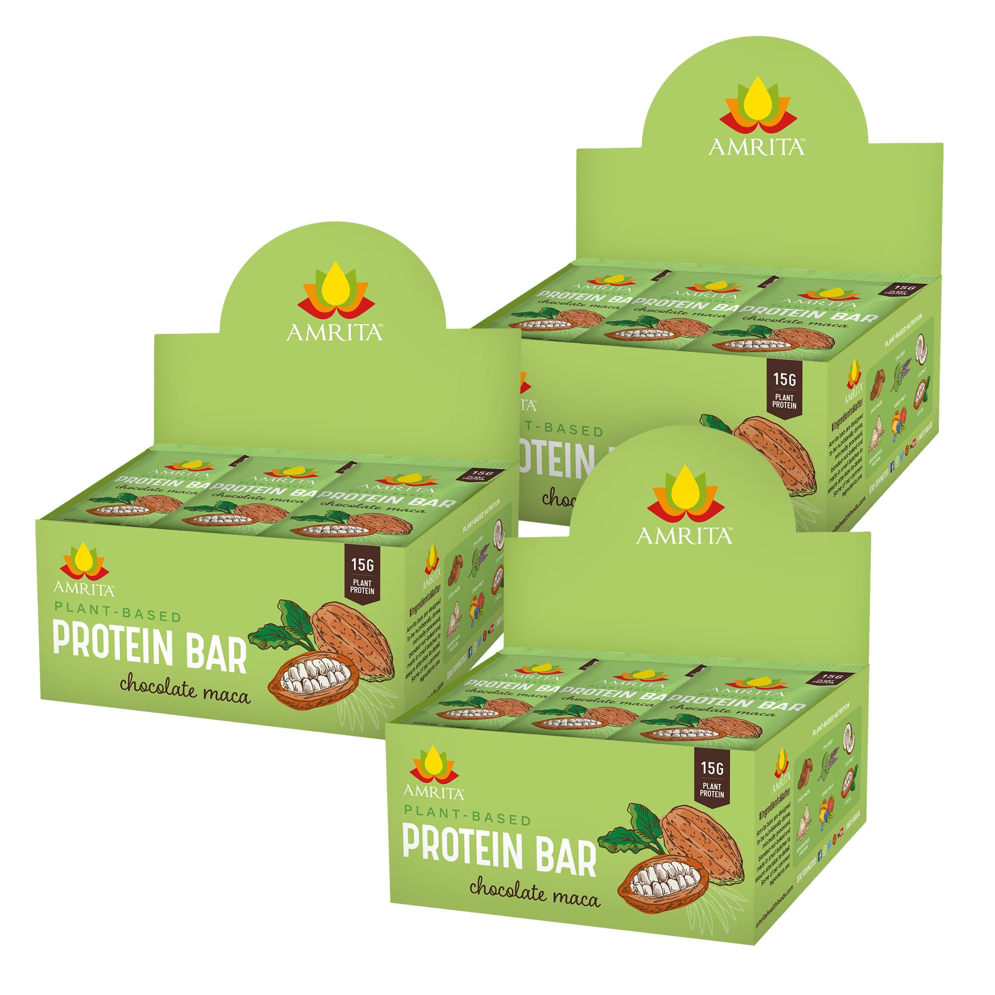 Amrita Nut Free Chocolate Maca Bar pack shot, allergen-free protein snack.