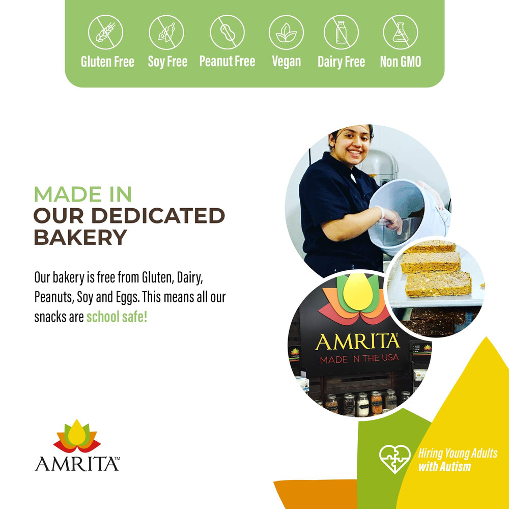 Amrita Nut Free Chocolate Maca Bar in classroom, gluten-free school-safe snack.