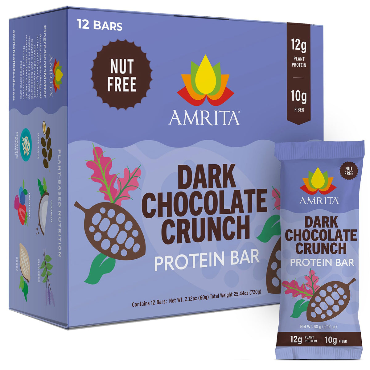 Amrita Nut Free Dark Chocolate Crunch bar close-up showing plant-based protein texture and bite for quick energy