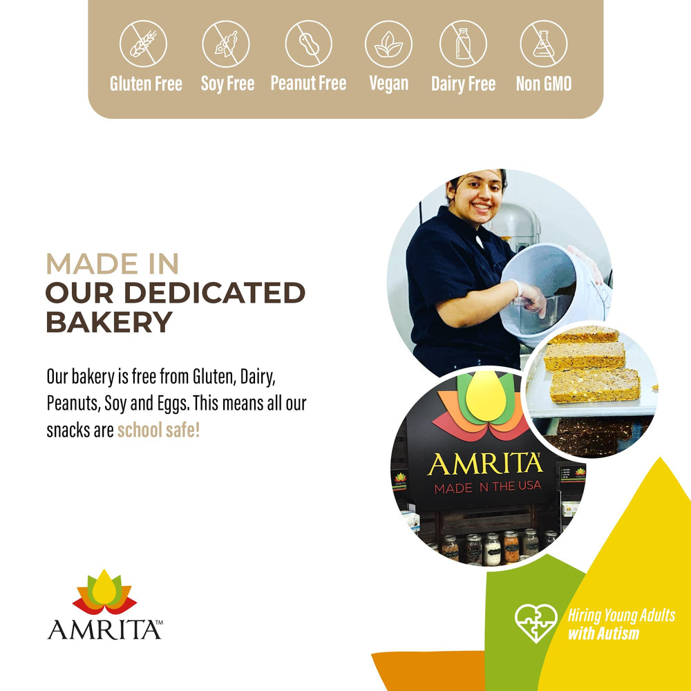 Amrita Nut Free Dark Chocolate Quinoa Bar box display emphasizing school-safe nutrition