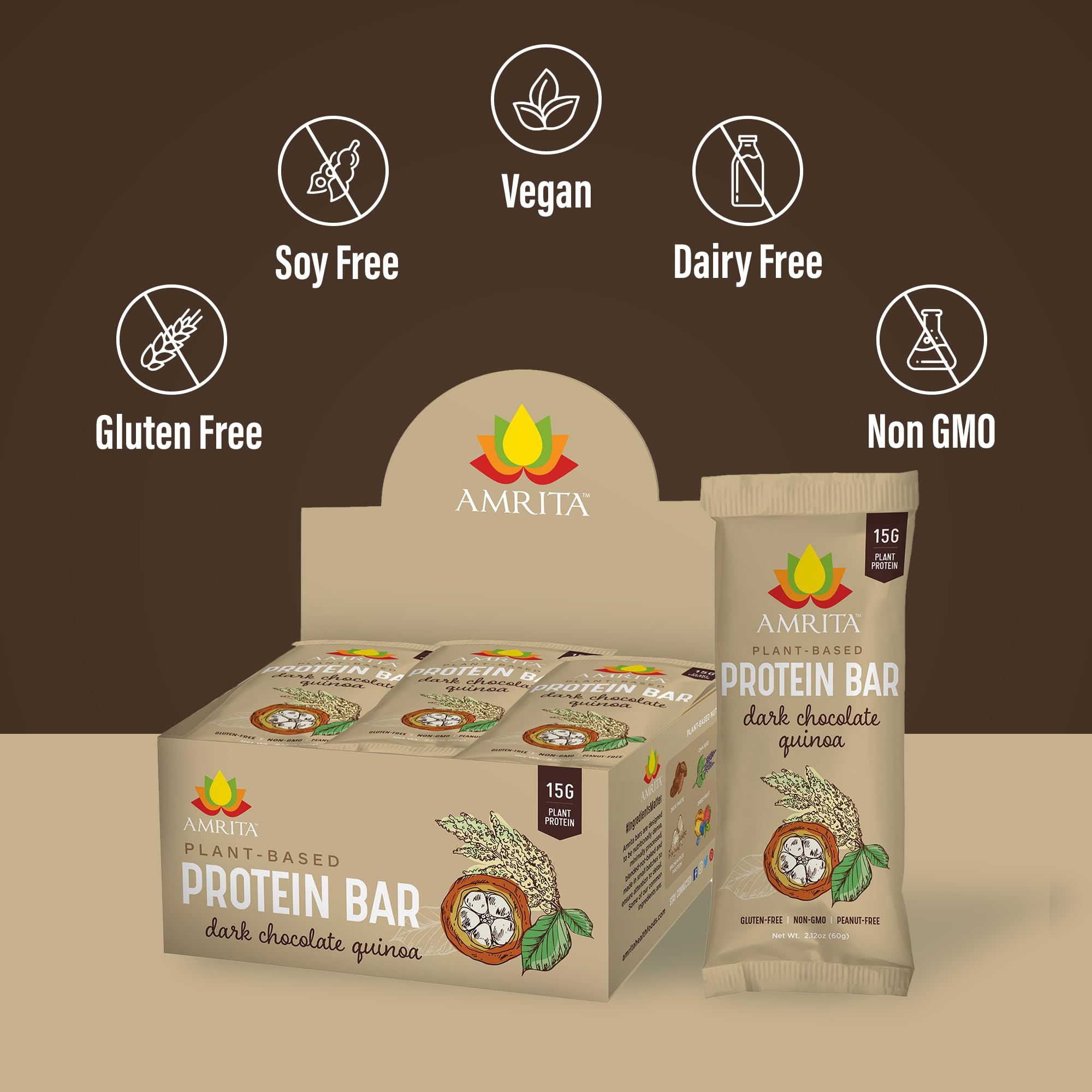 Amrita Nut Free Dark Chocolate Quinoa Bar hands holding for on-the-go vegan protein