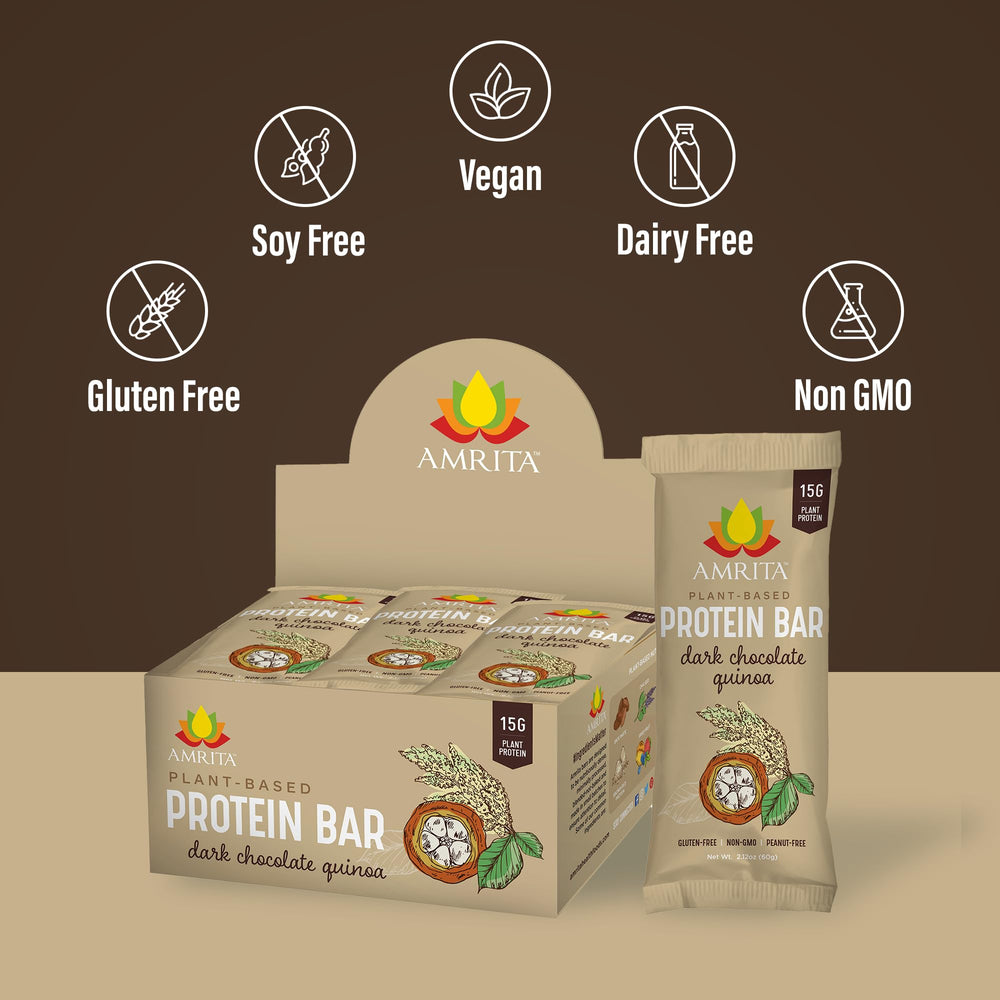Amrita Nut Free Dark Chocolate Quinoa Bar hands holding for on-the-go vegan protein
