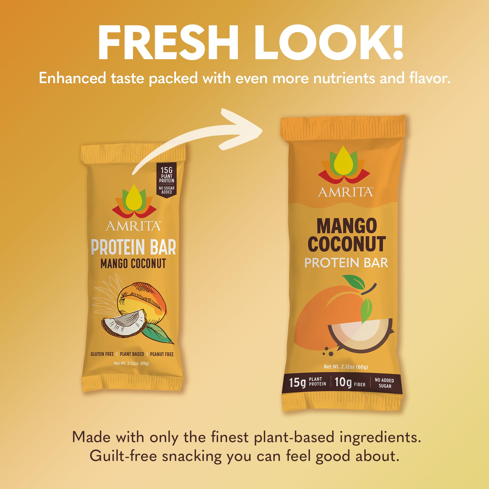 Close-up shows mango and coconut flavors with plant-based protein for a quick energy boost.