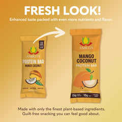 Close-up shows mango and coconut flavors with plant-based protein for a quick energy boost.