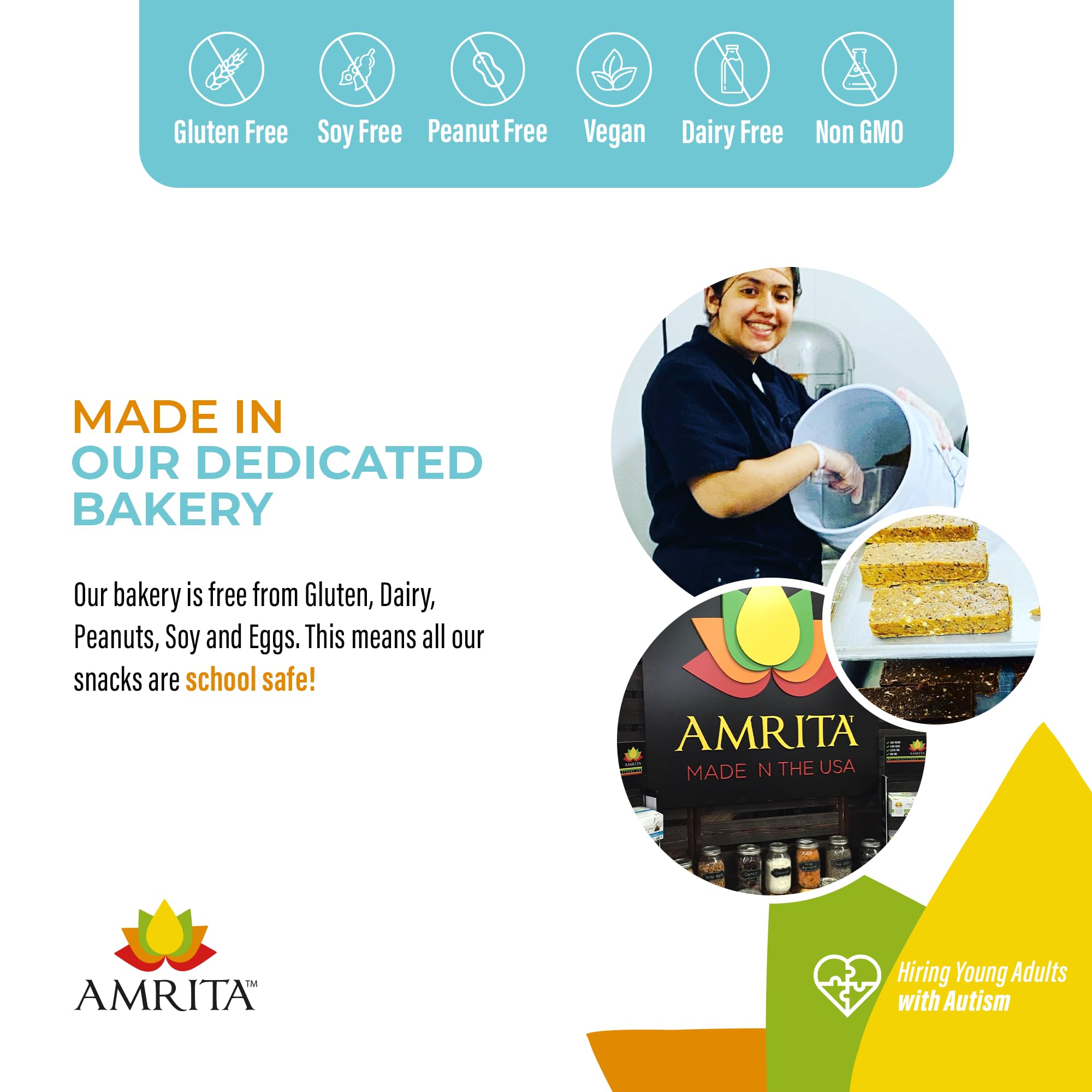 Packaging of Amrita Nut Free bars highlighting allergen-free ingredients.