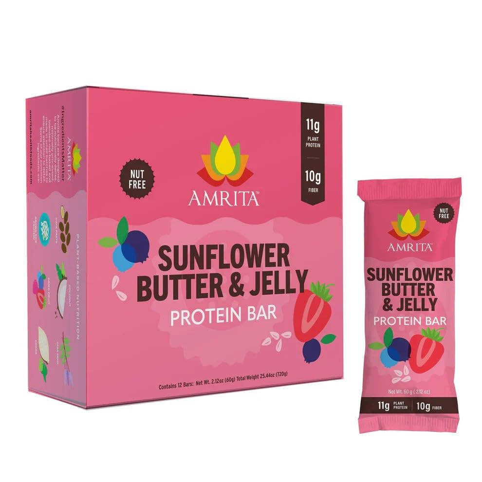 Amrita Nut Free Sunflower Bar packaging highlights allergen-free school snack.