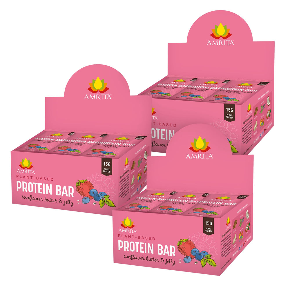 Amrita Nut Free Sunflower Butter and Jelly bars packaging highlights peanut-free and gluten-free snack.