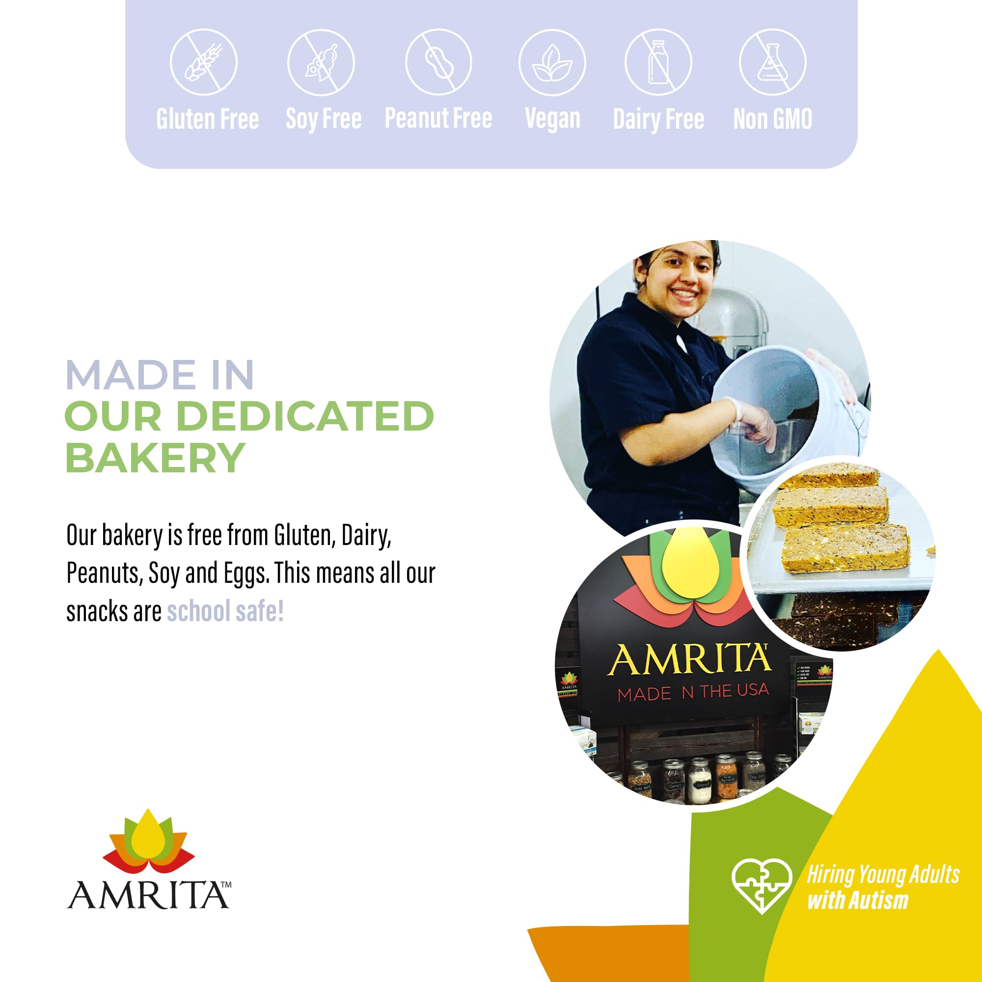 Amrita Nut Free Vegan Bar on-the-go packaging, grab-and-go snack anytime.