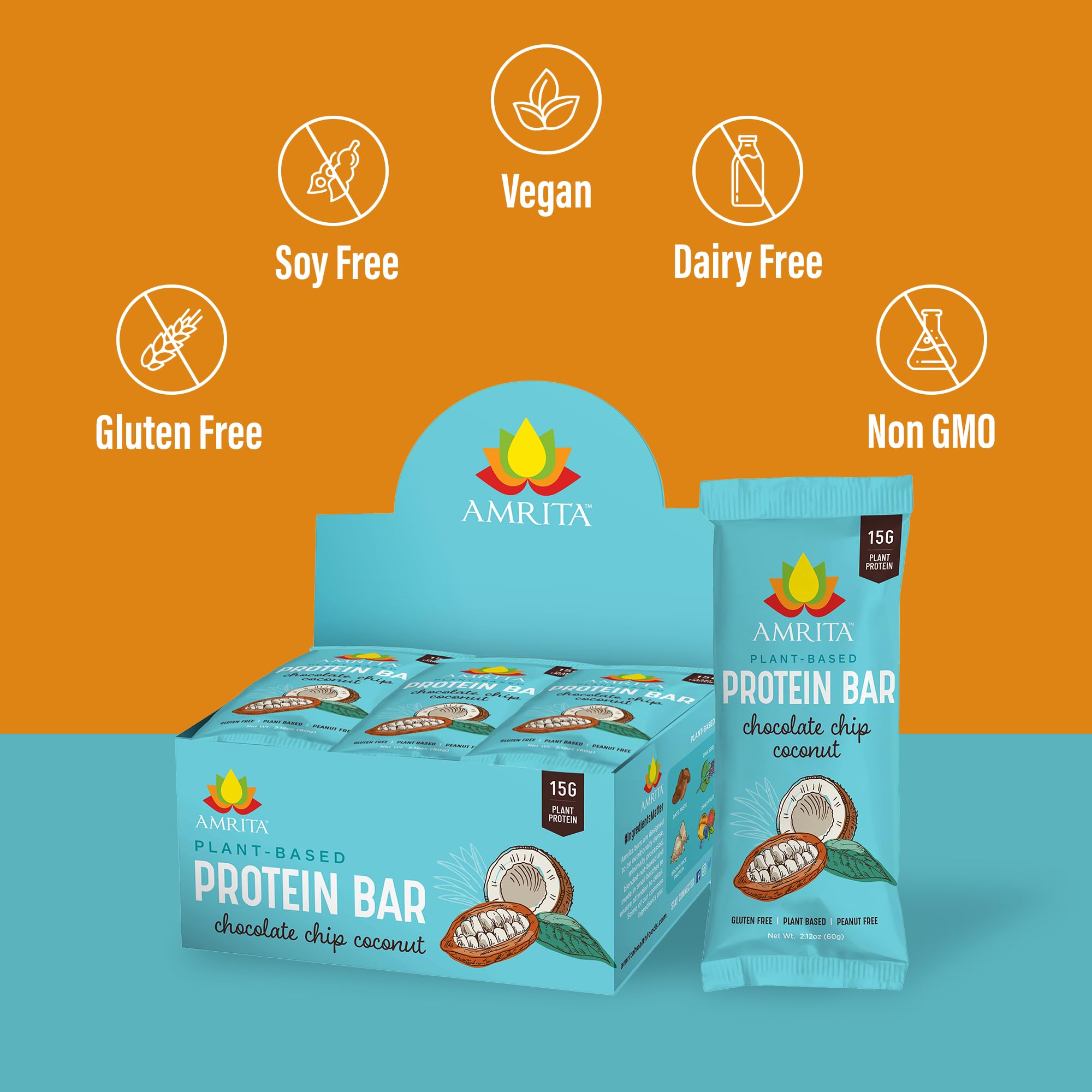 Amrita Nut Free vegan protein bar ingredients like dates, chia, and cacao.