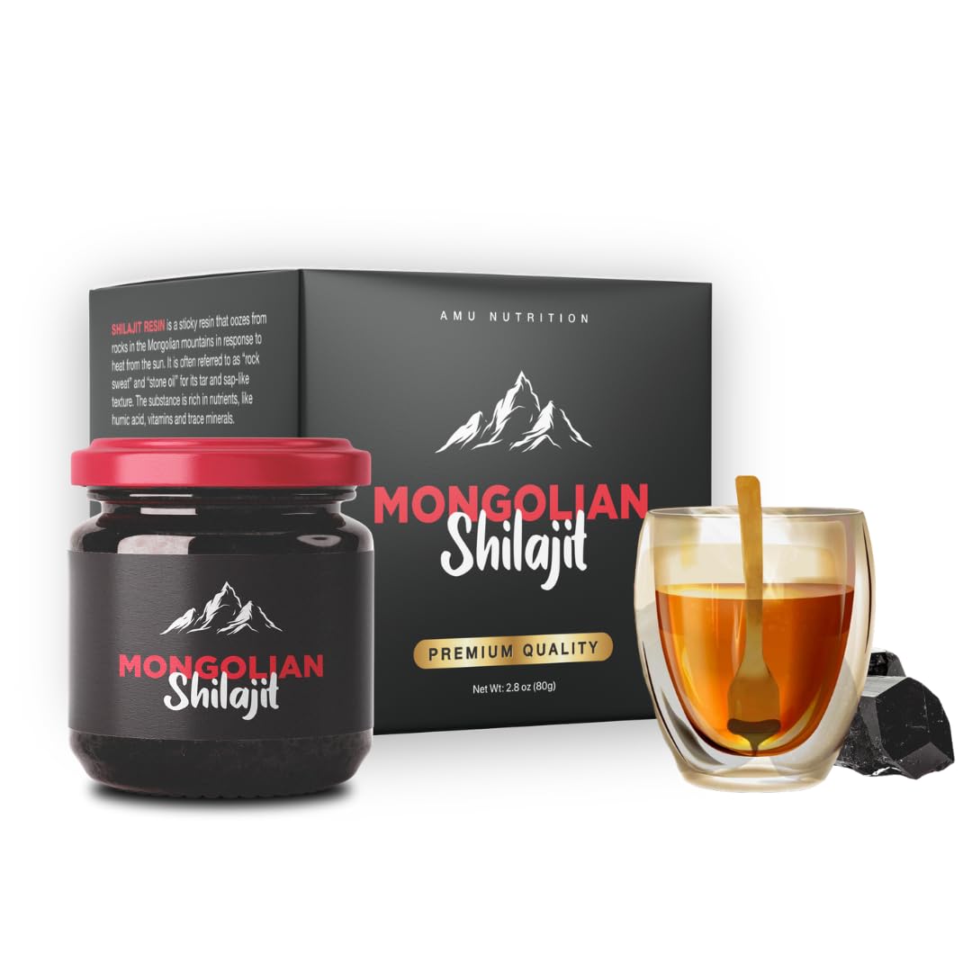 AMU Nutrition pure organic Mongolian Shilajit resin bottle signals purity and energy potential