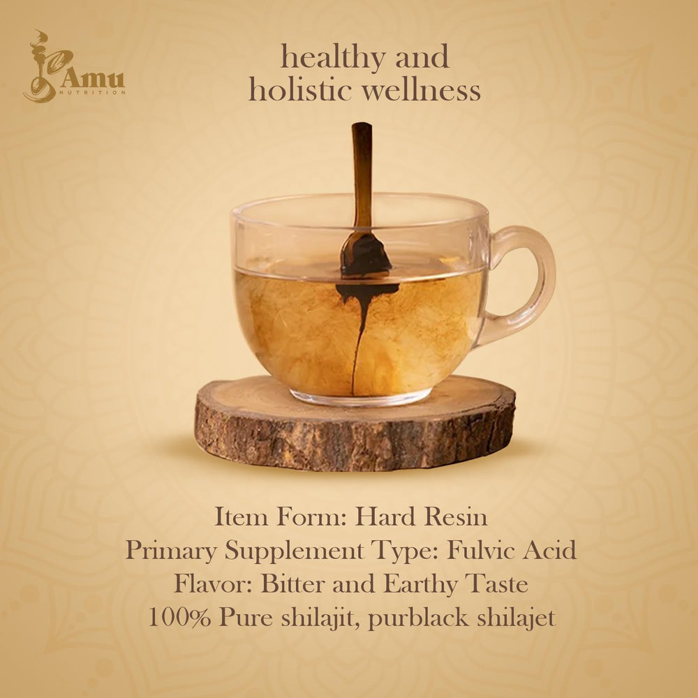 AMU NUTRITION Shilajit resin in jar shows organic purity and mineral richness.