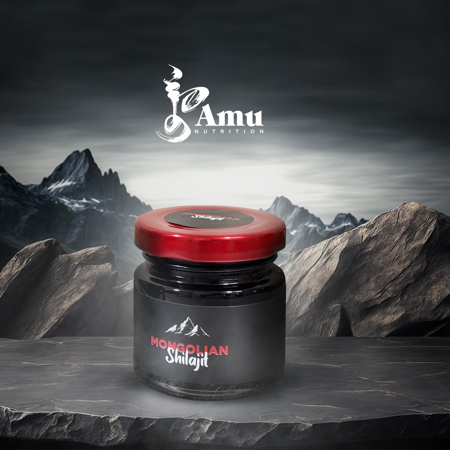 Serving spoon with AMU NUTRITION Shilajit demonstrates easy daily dosing.