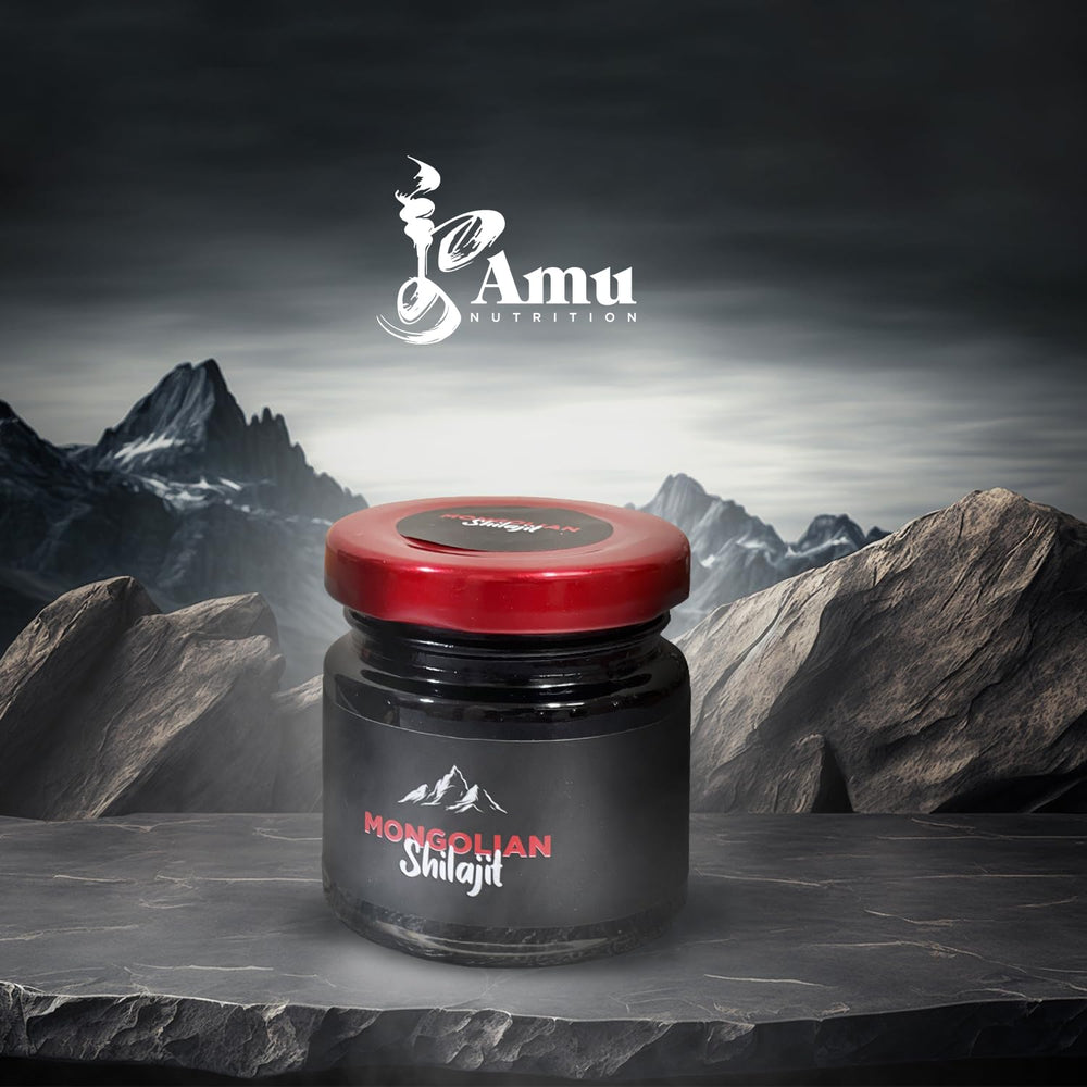 Serving spoon with AMU NUTRITION Shilajit demonstrates easy daily dosing.