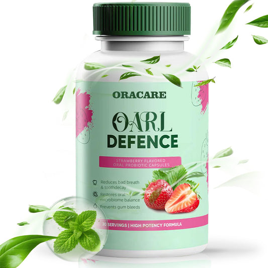 AMUA Oracare Oral Defence bottle front view showing strawberry-flavored probiotic benefit for fresh breath