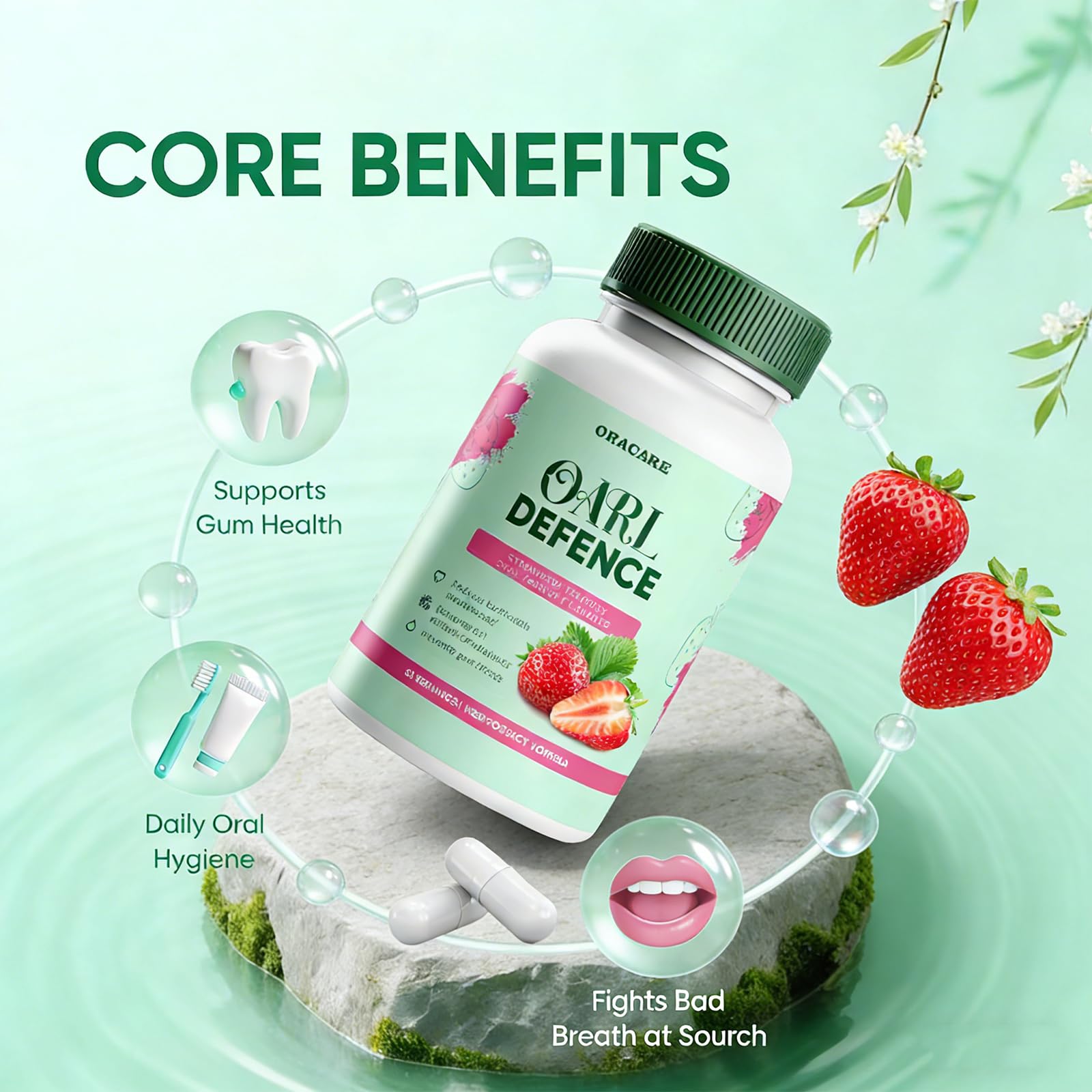 AMUA Oracare Oral Defence capsule close-up highlighting fast-acting freshness