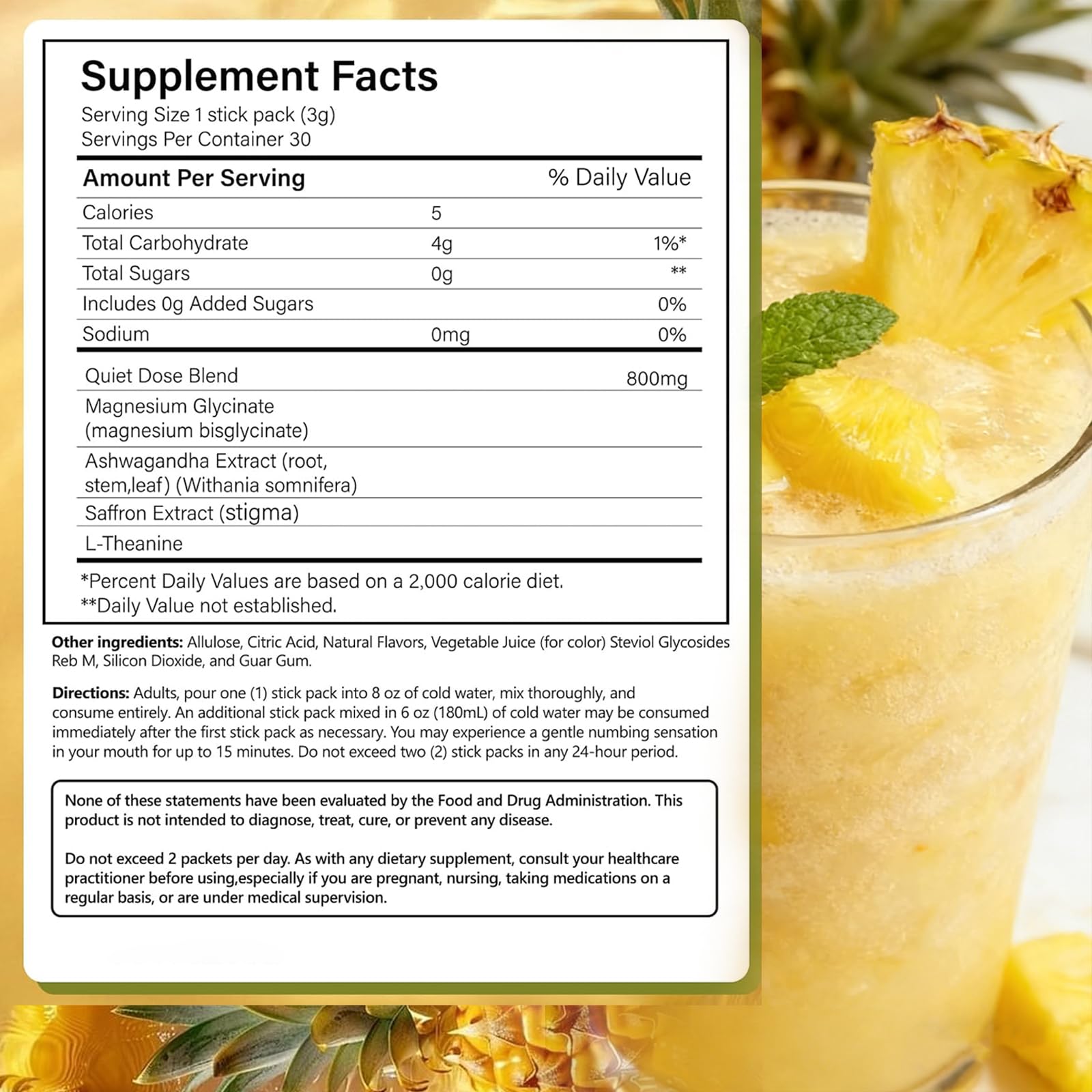 AMUA Quiet Dose magnesium glycinate ingredient label for gentle muscle support.