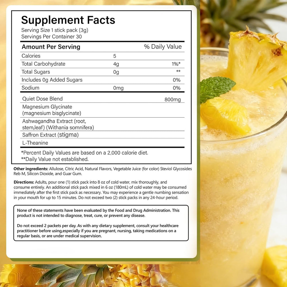 AMUA Quiet Dose magnesium glycinate ingredient label for gentle muscle support.
