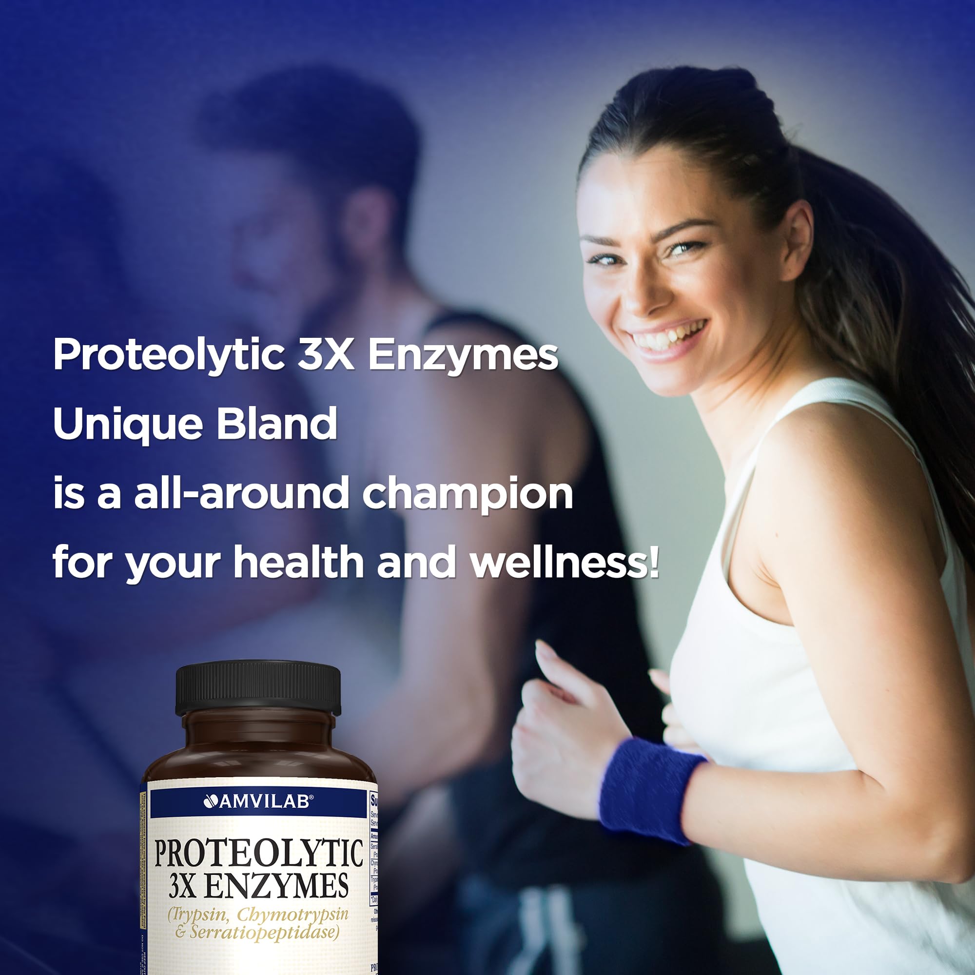 AMVILAB Proteolytic Enzymes 3X bottle back provides usage-friendly notes and benefits