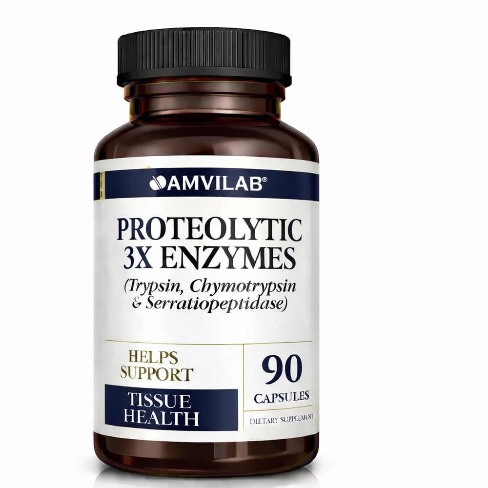 AMVILAB Proteolytic Enzymes 3X bottle front supports daily wellness and activity