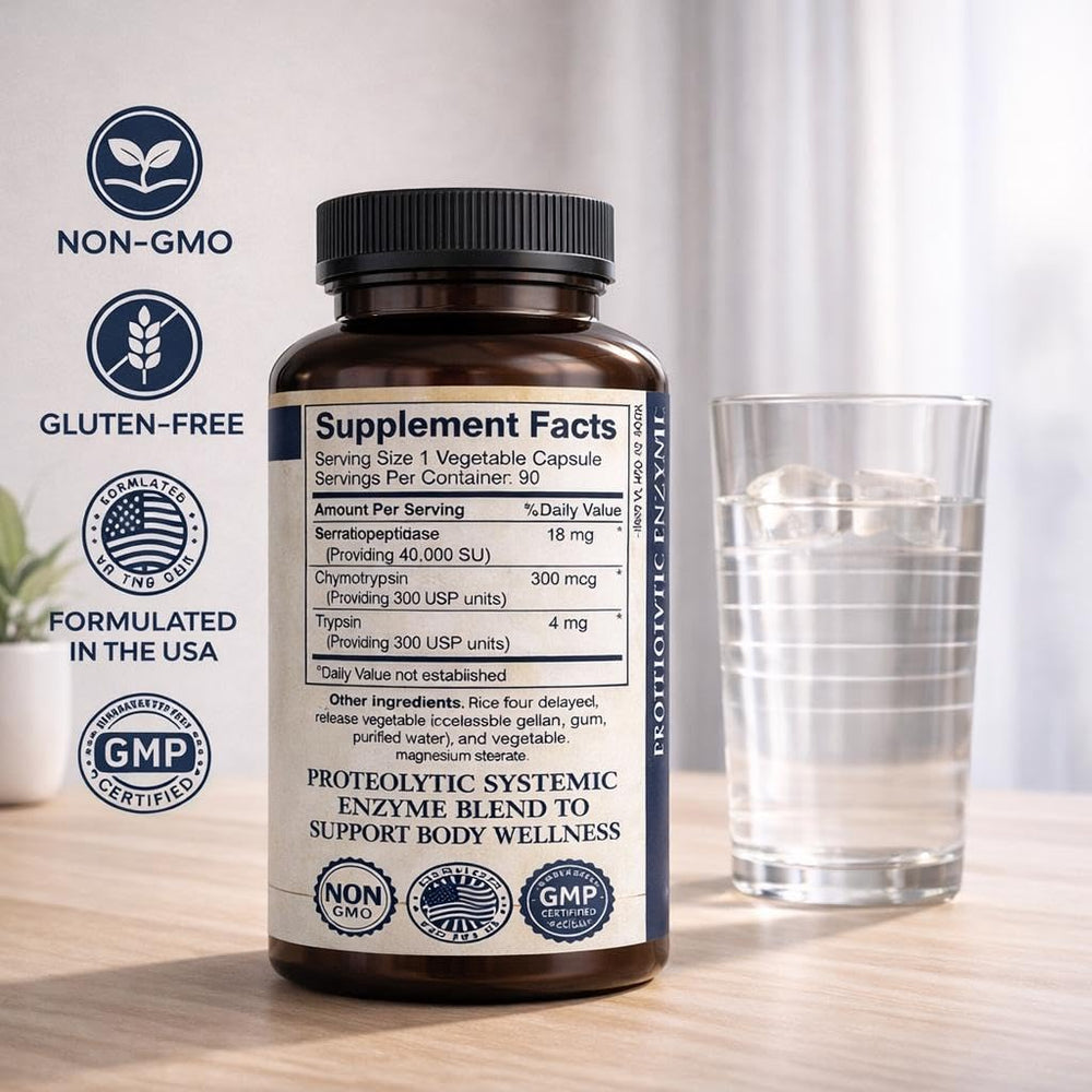 AMVILAB Proteolytic Enzymes 3X bottle stack conveys value and convenient daily capsules