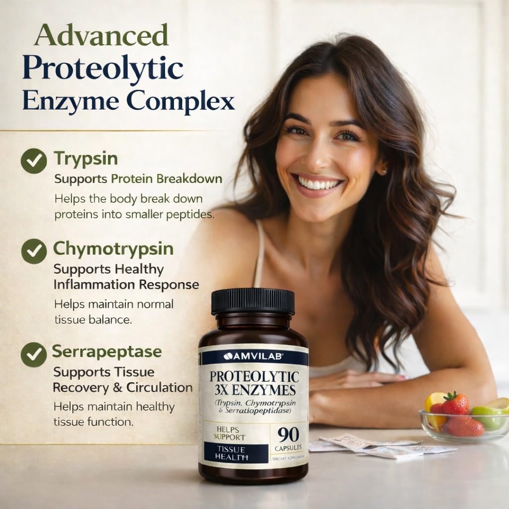 AMVILAB Proteolytic Enzymes 3X capsules closeup highlights easy daily use