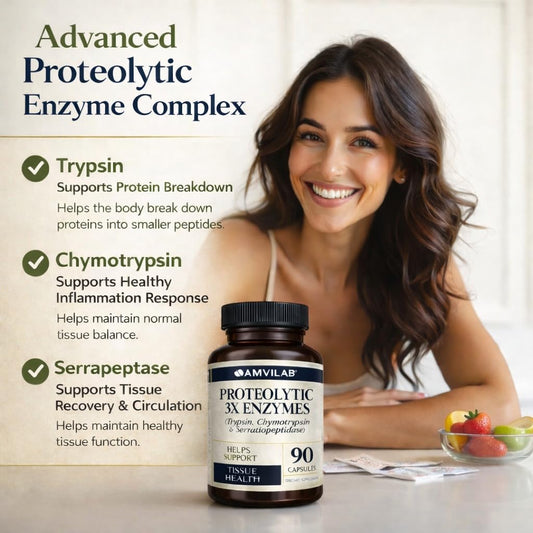 AMVILAB Proteolytic Enzymes 3X capsules closeup highlights easy daily use