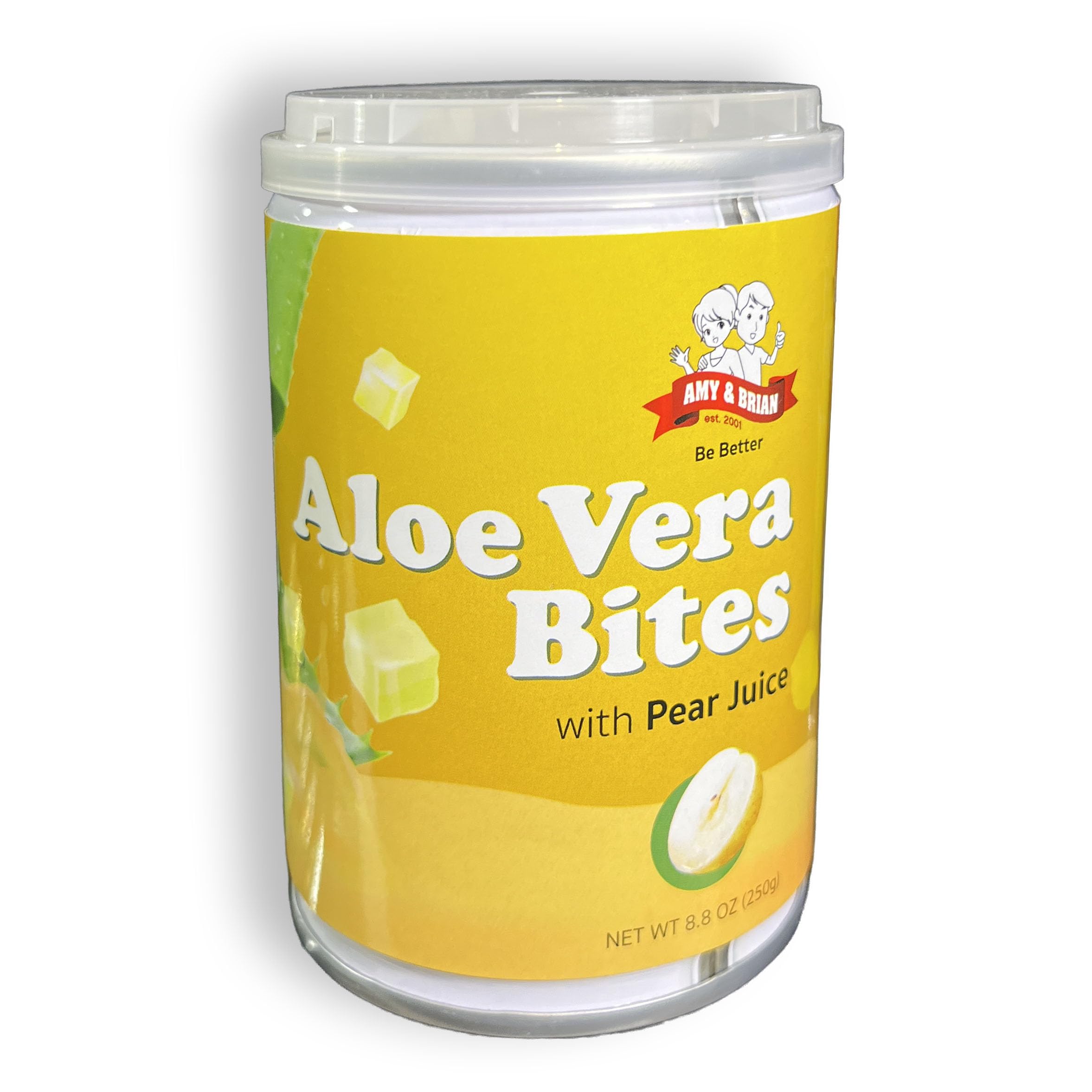 Amy & Brian Aloe Vera Bites pear pack shot showing chewy texture for on-the-go snacking