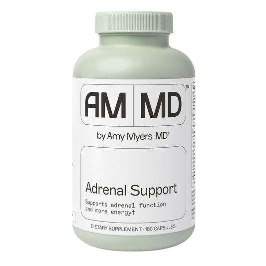 Amy Myers MD Adrenal Support bottle featuring ashwagandha and rhodiola for balanced energy.