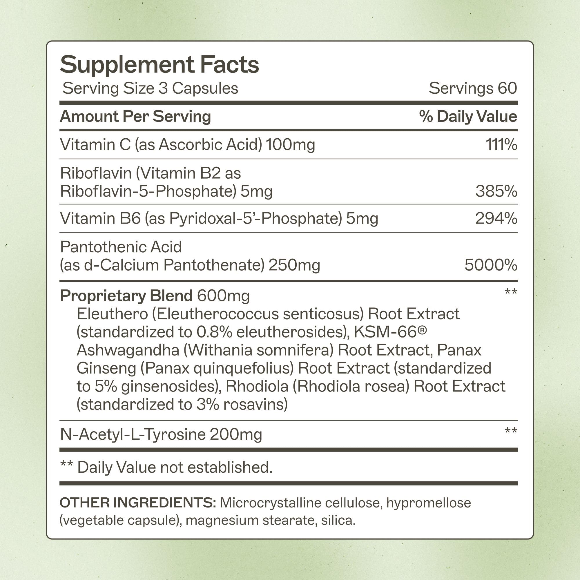 Closeup of capsule jar emphasizing gluten-free, dairy-free, non-GMO attributes.