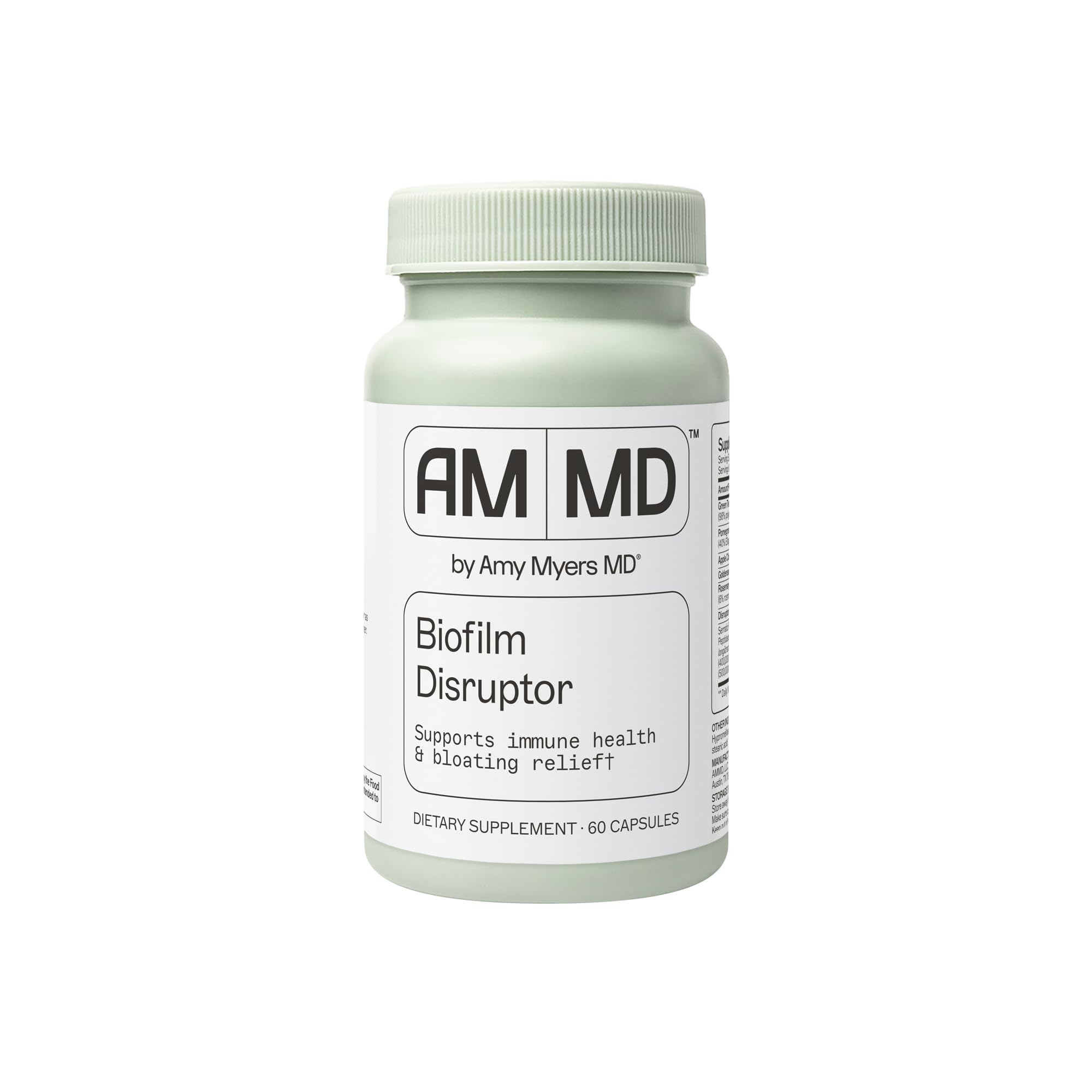 Amy Myers MD Biofilm Disruptor bottle with capsules supports gut balance.