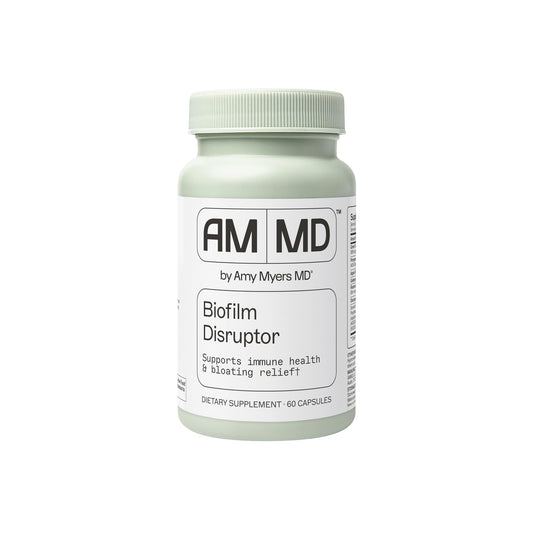 Amy Myers MD Biofilm Disruptor bottle with capsules supports gut balance.