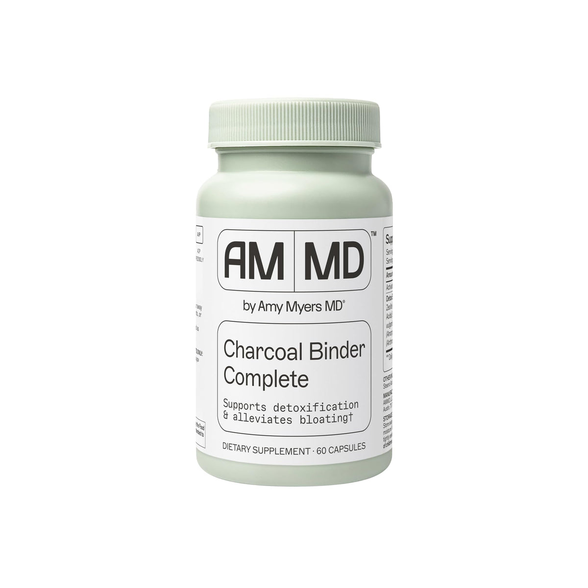Amy Myers MD Charcoal Binder bottle shows easy to take capsules for daily detox support.