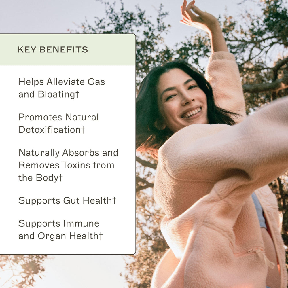 Amy Myers MD Charcoal Binder ingredients collage with charcoal, minerals, fiber, and algae.
