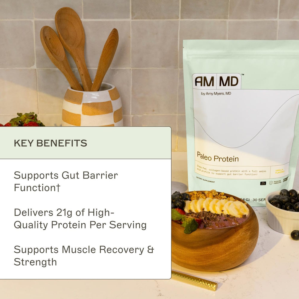 Close-up of grass-fed protein label emphasizes 21g protein per serving from Amy Myers MD Paleo Protein.