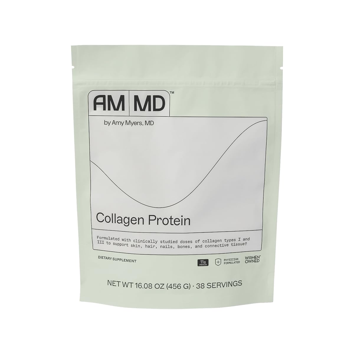 Amy Myers MD collagen protein powder bottle front view supporting skin and hair health.