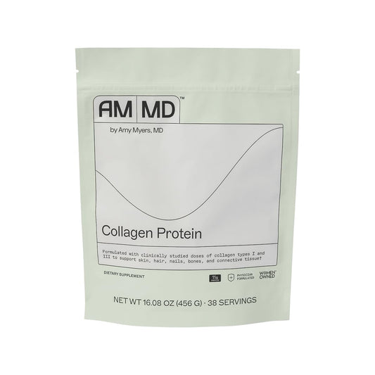 Amy Myers MD collagen protein powder bottle front view supporting skin and hair health.
