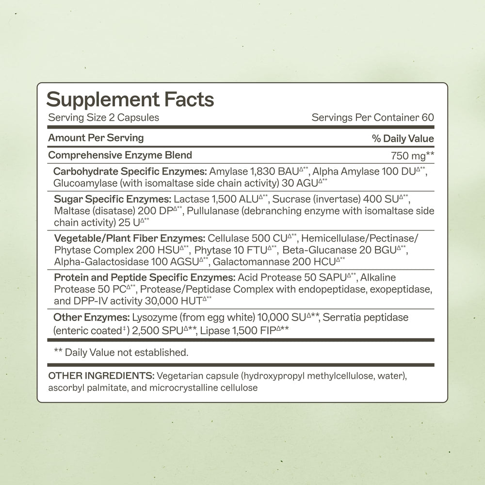 Amy Myers MD Complete Enzymes capsules provide broad enzyme support for fats, proteins, and carbs.
