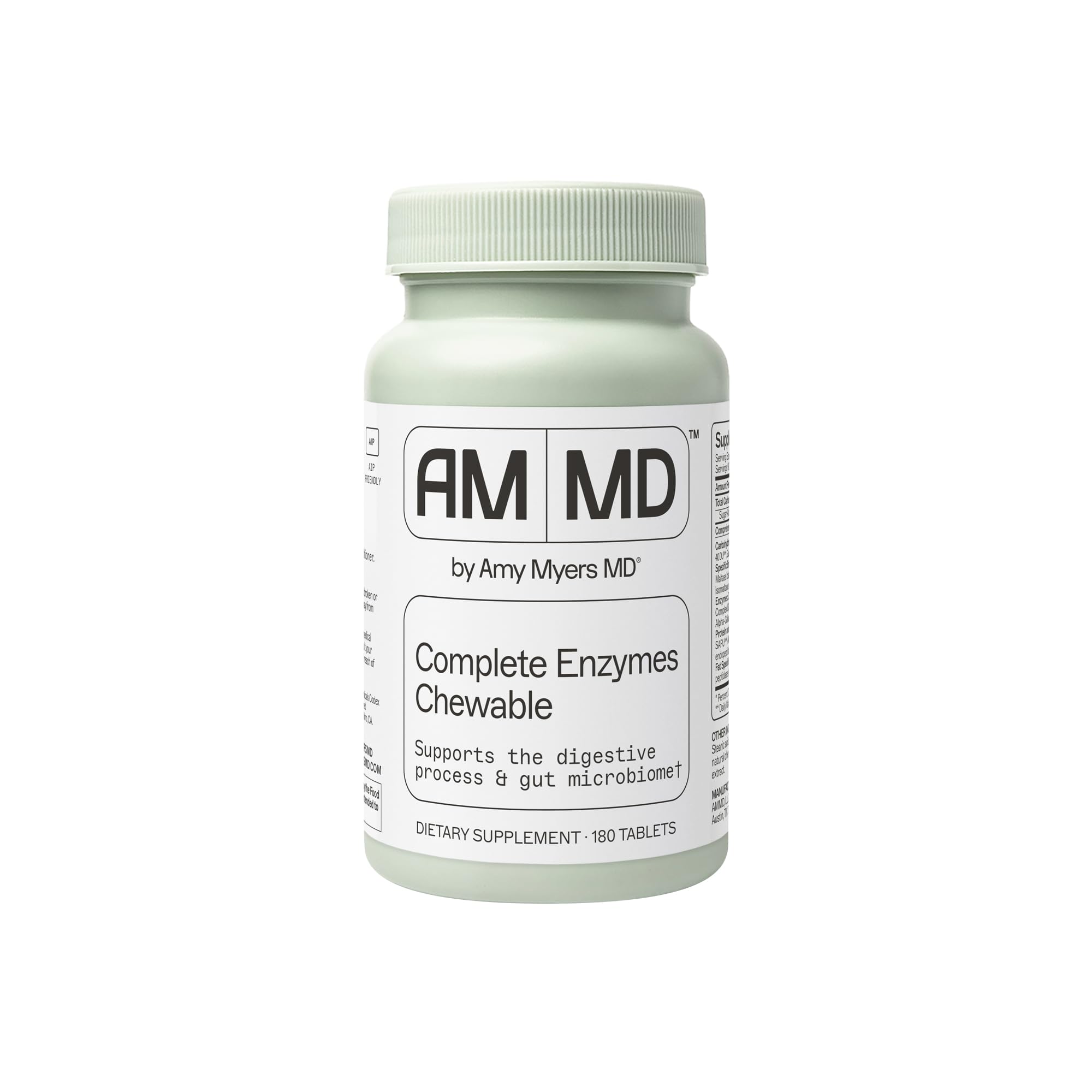 Amy Myers MD Digestive Enzymes chewables bottle label close-up for digestive support.