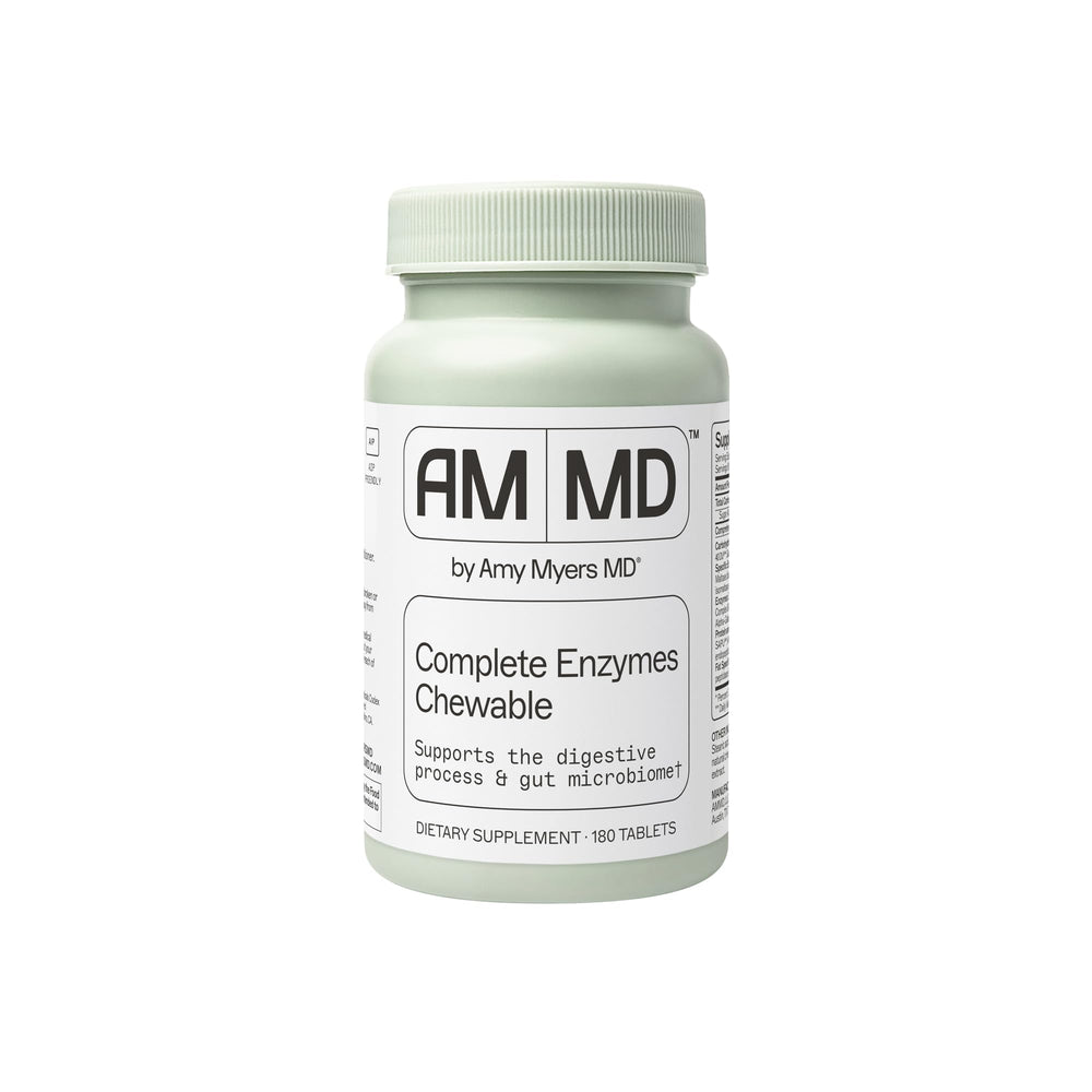 Amy Myers MD Digestive Enzymes chewables bottle label close-up for digestive support.