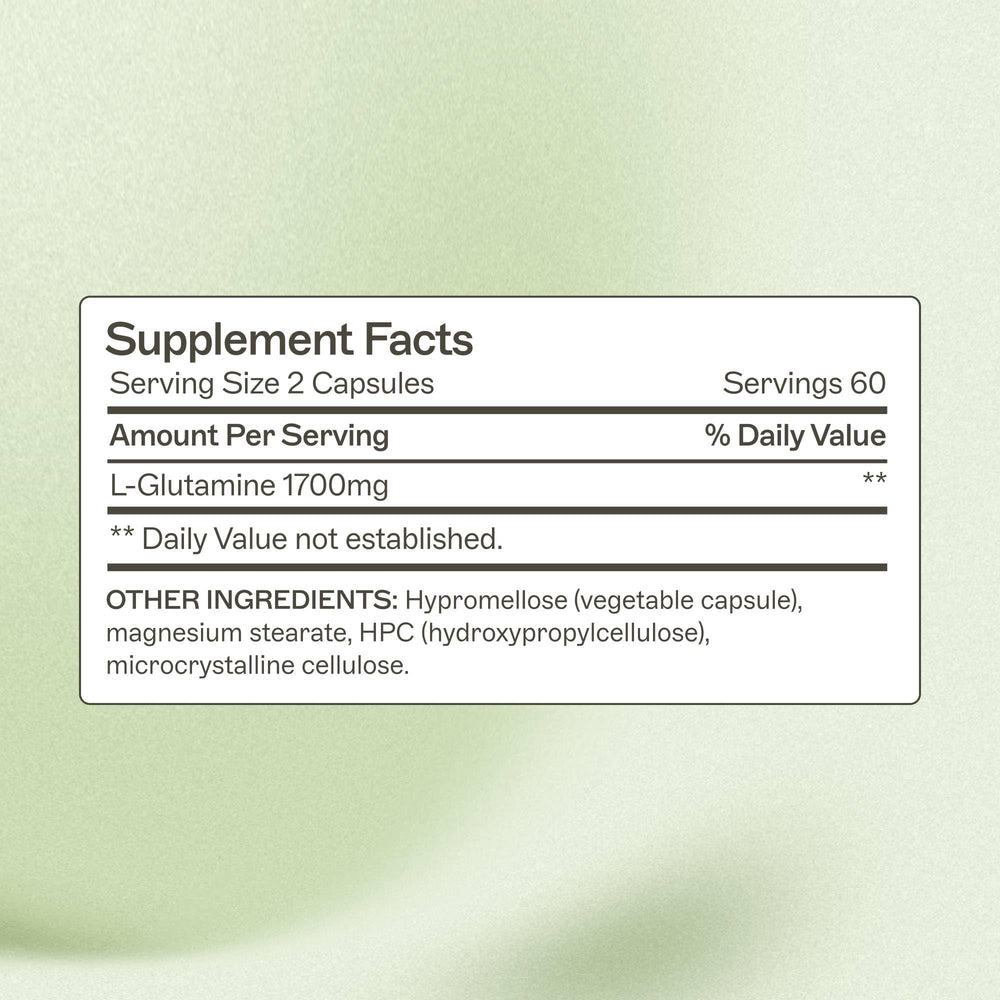 Amy Myers MD L-Glutamine capsules dosage panel highlights easy daily routine.