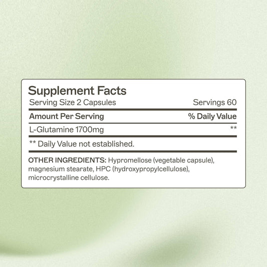 Amy Myers MD L-Glutamine capsules dosage panel highlights easy daily routine.