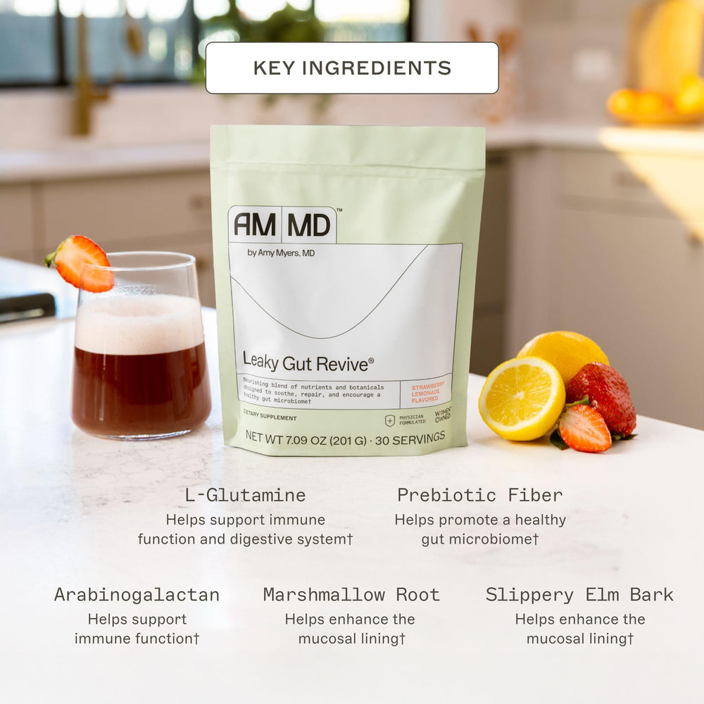 Powder dissolving in water for Amy Myers MD Leaky Gut Revive refreshment