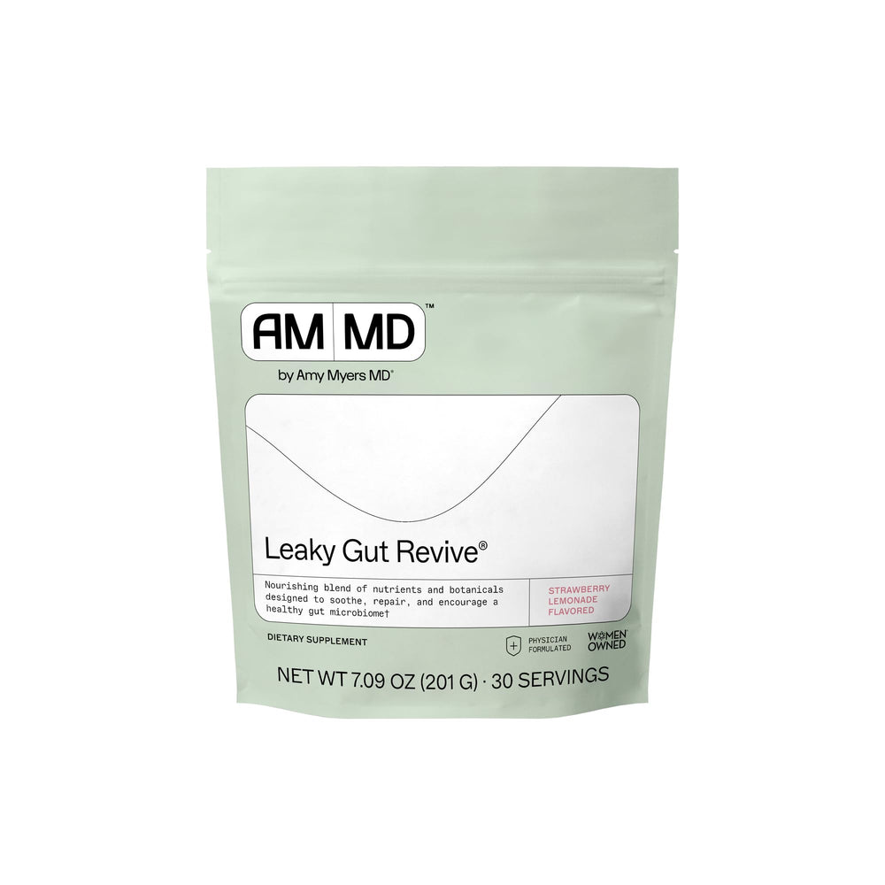 Amy Myers MD Leaky Gut Revive bottle with strawberry lemonade flavor for gut comfort