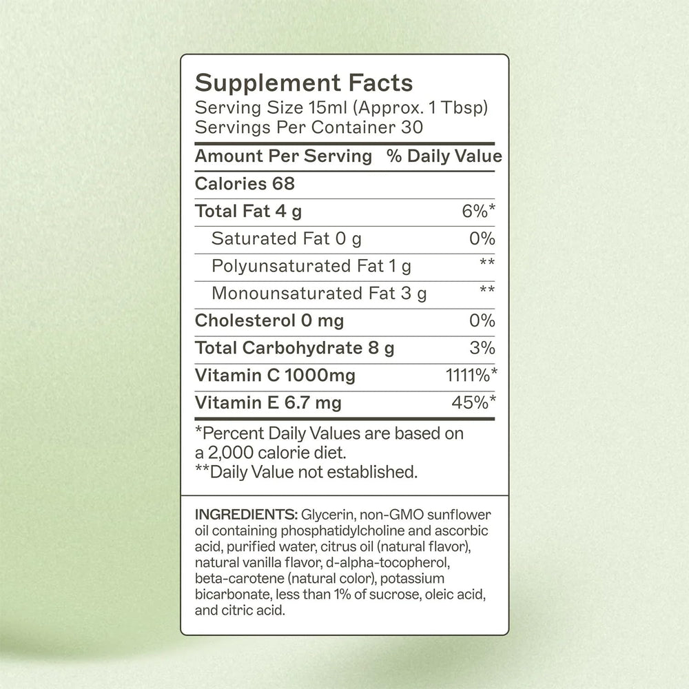 Amy Myers MD Liposomal Vitamin C bottle side view emphasizing non-GMO and gluten-free attributes