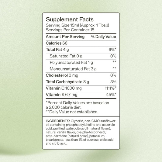 Amy Myers MD Liposomal Vitamin C label closeup shows non-GMO gluten-free dairy-free formula