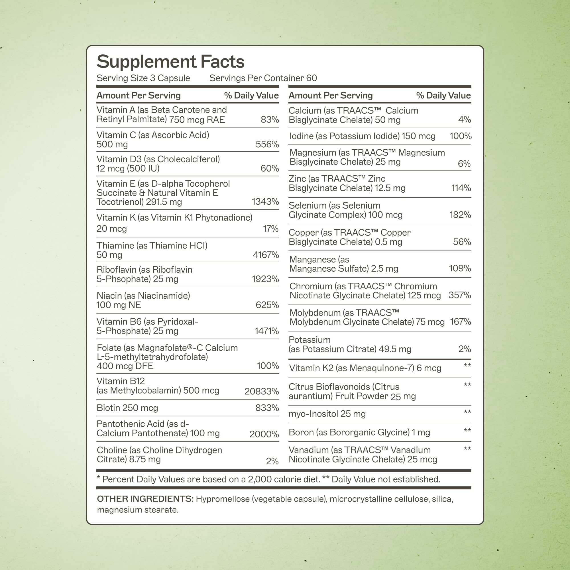 Close-up of capsules highlights iron-free and dairy-free formulation.