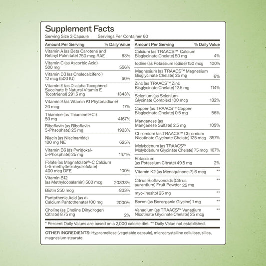 Close-up of capsules highlights iron-free and dairy-free formulation.