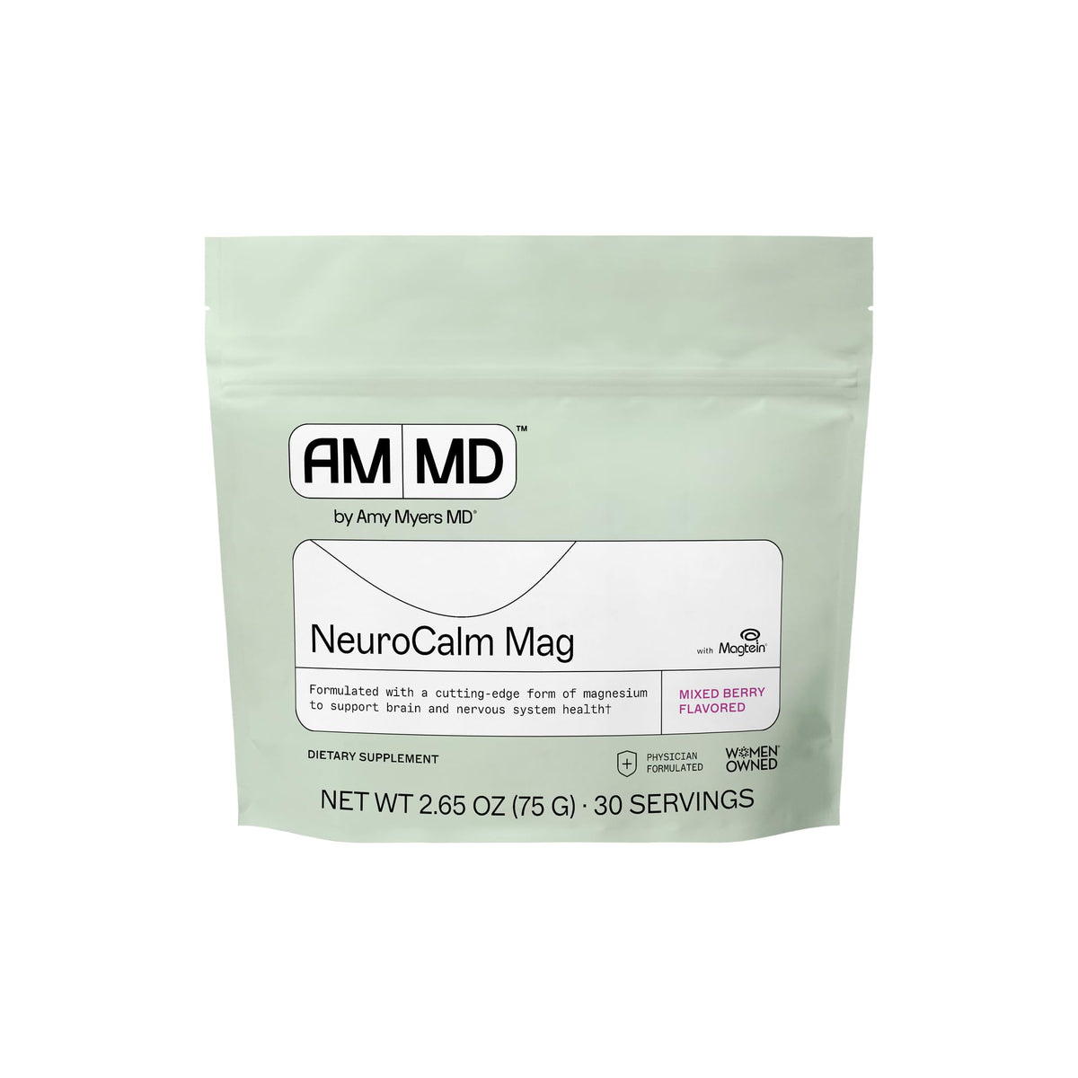 Amy Myers MD NeuroCalm Mag bottle front showing berry flavor and gluten-free label
