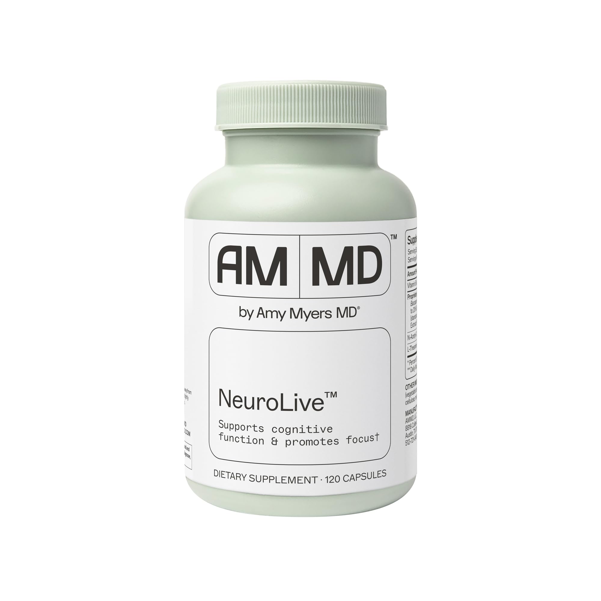 Amy Myers MD NeuroLive bottle front with capsules promoting cognitive support.
